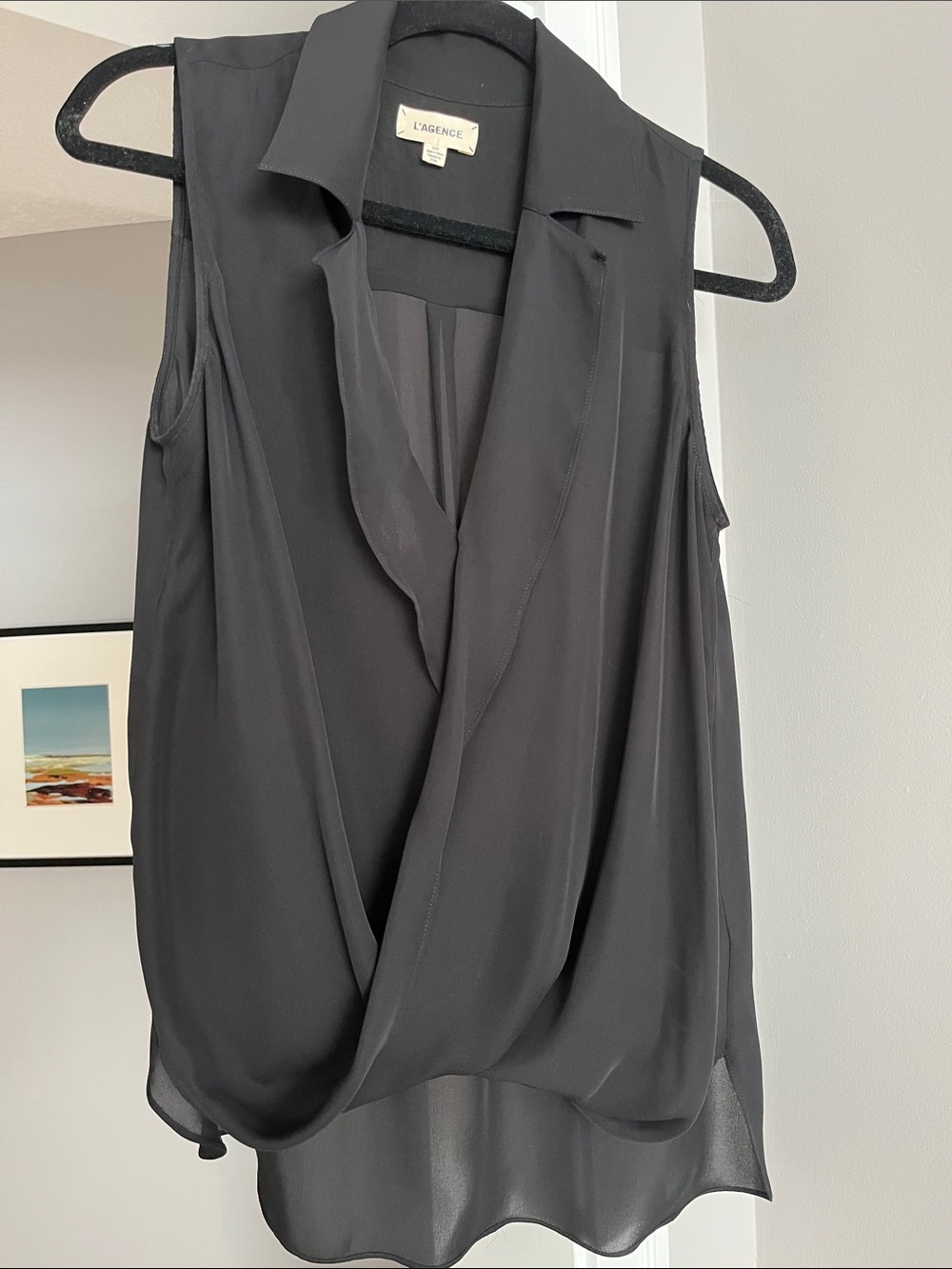 L'AGENCE Black Draped Sleeveless V-Neck Blouse Silk Small
